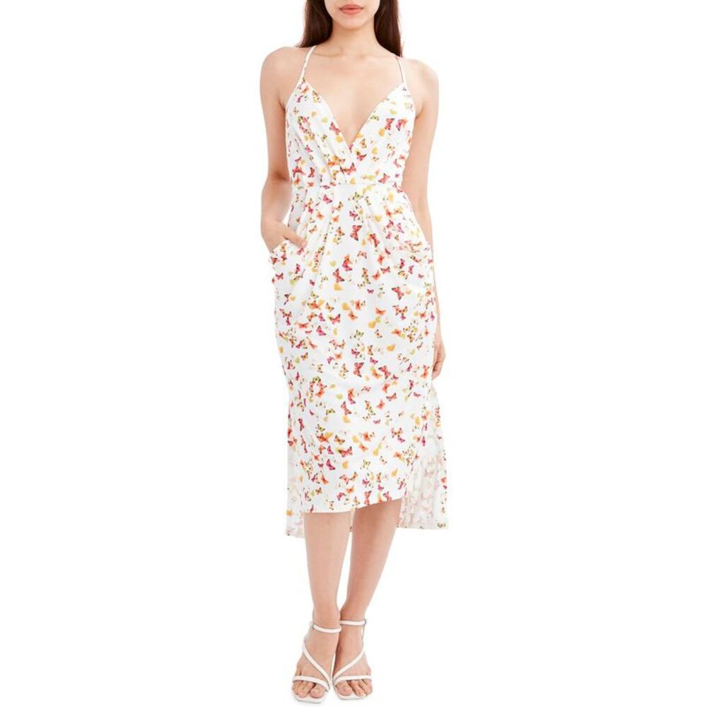 BCBGeneration Womens Ivory Butterfly Print Sleeveless Drape Midi Dress NWT